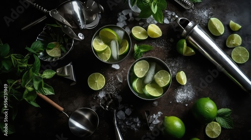 Lime and mint on the table. Devices for making cocktails. AI generated