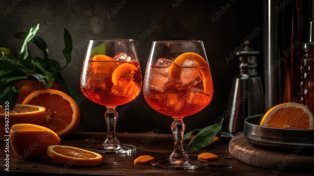 Drink mulled wine in glasses on a black background. Alcoholic drink, oranges on the table. AI generated Drink mulled wine in glasses on a black background. Alcoholic drink, oranges on the table. AI generated