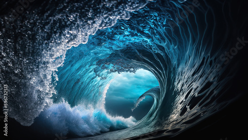Serene Blue Wave Tunnel in the Ocean. Generative AI