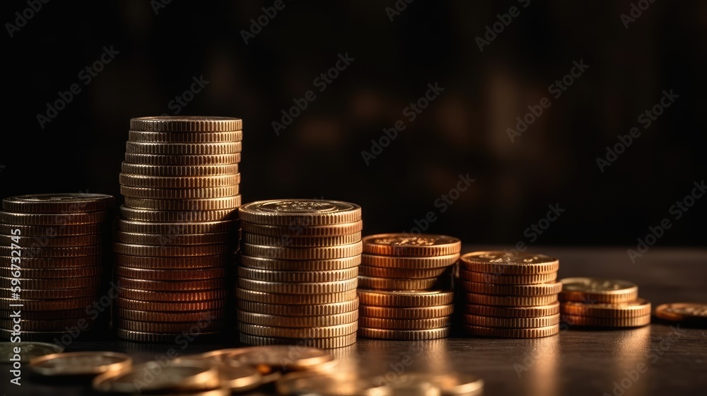 Stacks of coins on the table on a black background. Savings concept. AI generated Stacks of coins on the table on a black background. Savings concept. AI generated
