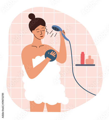 Woman takes a shower. Bathing and hygiene. Taking shower, hygiene and relaxation, bathroom concept.
