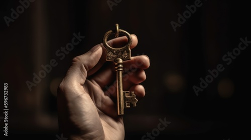 A man holds a key in his hand on a dark background. AI generated