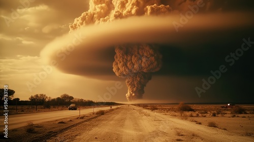 Nuclear explosion. Atom bomb explosion and mushroom cloud exploding. AI generated