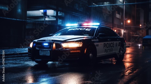 Police car at night, close-up. Flashing beacons enabled. AI generated