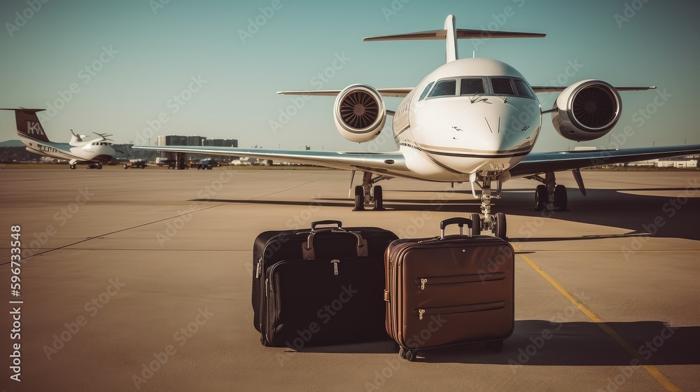 The plane and suitcases are on the runway. The concept of rest and travel. AI generated