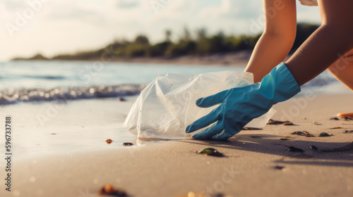 Volunteers wearing protective gloves cleaning the beach picking up discarded plastic bottles. Generative AI