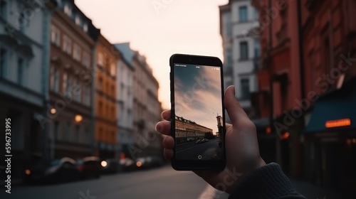 A man takes pictures of a city street on his phone in the evening. The concept of photography. AI generated