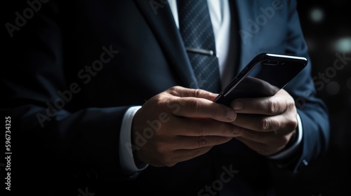 Businessman in a suit holding a phone, close-up. Business and work concept. AI generated