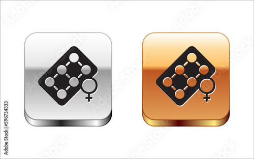 Black Packaging of birth control pills icon isolated on white background. Contraceptive pill. Silver and gold square buttons. Vector