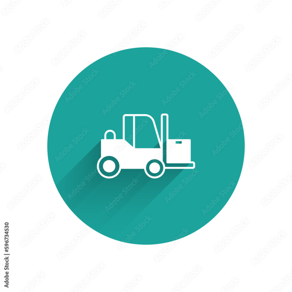 White Forklift truck icon isolated with long shadow background. Fork loader and cardboard box. Cargo delivery, shipping, transportation. Green circle button. Vector White Forklift truck icon isolated with long shadow background. Fork loader and cardboard box. Cargo delivery, shipping, transportation. Green circle button. Vector