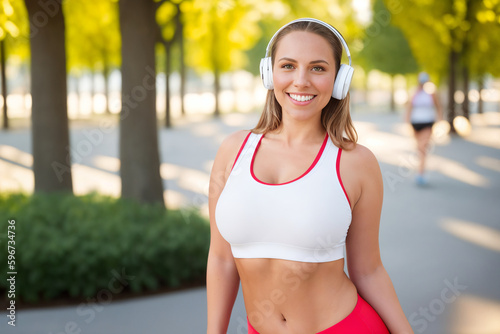 Beautiful and cheerful plus size caucasian young woman outdoors - Pretty overweight curvy female in headphones listening music and exercising in the park. Generative Ai