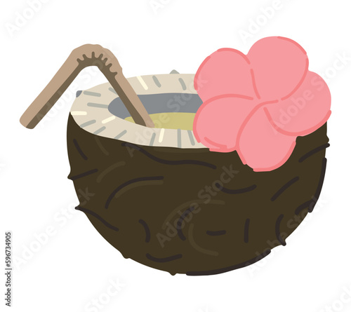Tropical cocktail in coconut. Doodle clipart of summer beverage isolated on white. Colored vector illustration in cartoon style.