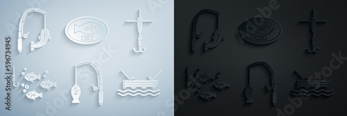 Set Fishing rod and fish, hook float, under water with, boat fishing on, trophy hanging the board and icon. Vector