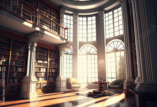 Large bright library with panoramic windows. AI Generated