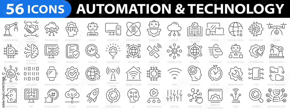 Automation & Technology 56 icon set. Machine learning line icons. Robotics, iot, biometric, device, chip, robot, cloud computing and automation icon. Vector illustration.