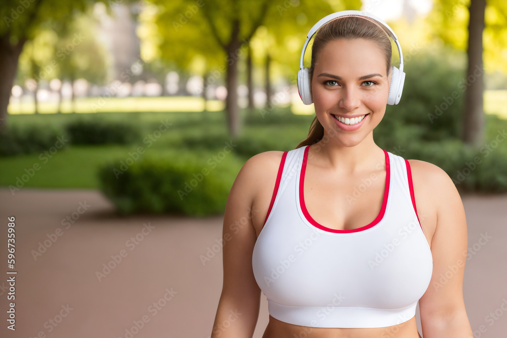 Beautiful and cheerful plus size caucasian young woman outdoors - Pretty overweight curvy female in headphones listening music and exercising in the park. Generative Ai Beautiful and cheerful plus size caucasian young woman outdoors - Pretty overweight curvy female in headphones listening music and exercising in the park. Generative Ai