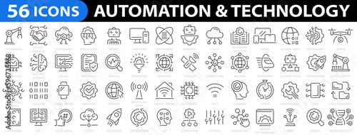 Automation & Technology 56 icon set. Machine learning line icons. Robotics, iot, biometric, device, chip, robot, cloud computing and automation icon. Vector illustration. © vectorsanta