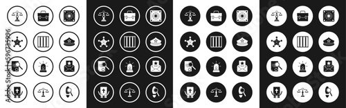 Set Safe, Prison window, Hexagram sheriff, Scales of justice, Police cap with cockade, Briefcase, The arrest warrant and Document search icon. Vector