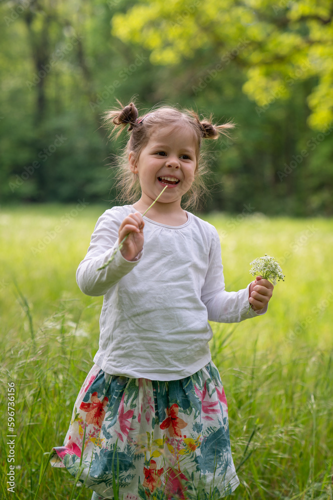 Joyful, little girl walks in the park among the thick green grass. He laughs happily, holding flowers on his hand. Childhood, eco-holiday, laughter Joyful, little girl walks in the park among the thick green grass. He laughs happily, holding flowers on his hand. Childhood, eco-holiday, laughter