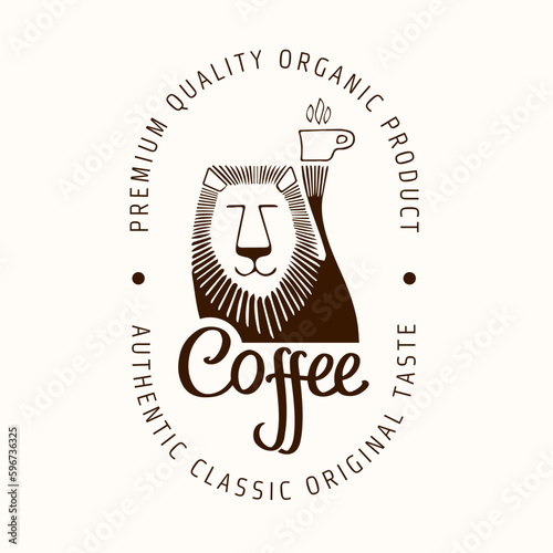 Coffee logo template. Lion icon with mug. Latte aroma symbol. Espresso drink cup sign. Arabica cappuccino emblem. Vector illustration for shop, cafe.