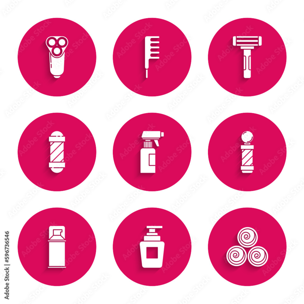 Set Hairdresser pistol spray bottle, Bottle of shampoo, Towel rolls, Classic Barber shop pole, Shaving gel foam, razor and Electric blade for men icon. Vector Set Hairdresser pistol spray bottle, Bottle of shampoo, Towel rolls, Classic Barber shop pole, Shaving gel foam, razor and Electric blade for men icon. Vector