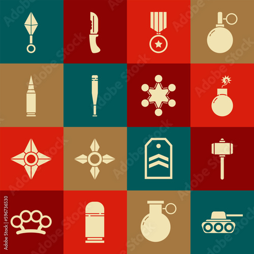 Set Military tank, Battle hammer, Bomb ready to explode, reward medal, Baseball bat, Bullet, Japanese ninja shuriken and Police badge icon. Vector