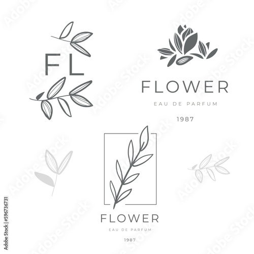 Vector elegant logos design templates set in trendy linear style. Emblems for floral shop or studio, wedding florist