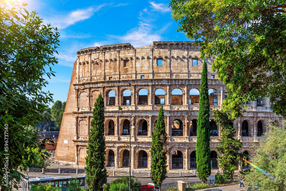 Famous Colosseum in Rome, close view from the park, Italy