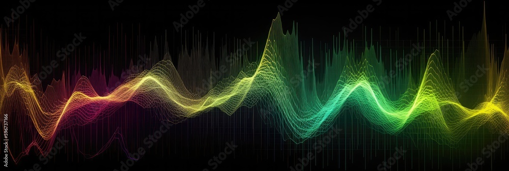 Purple Yellow Green A Digital Representation Of Sound Waves In An Array Of Colors Background. Generative AI