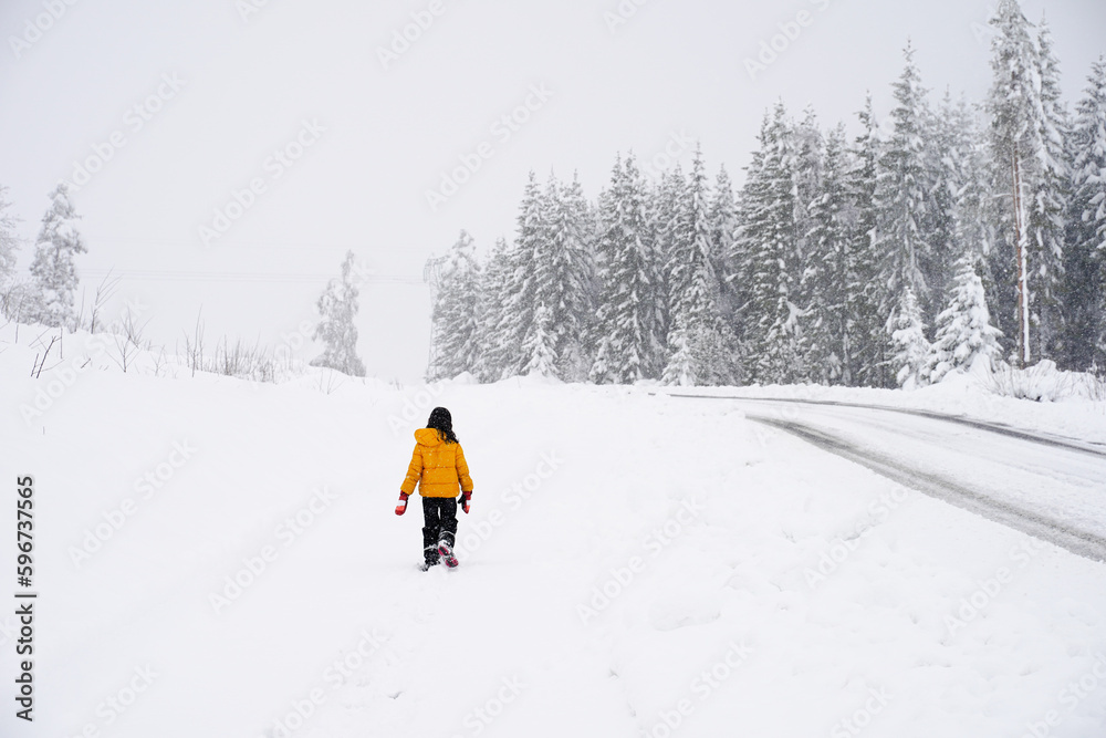 walking home a snowy day in winter