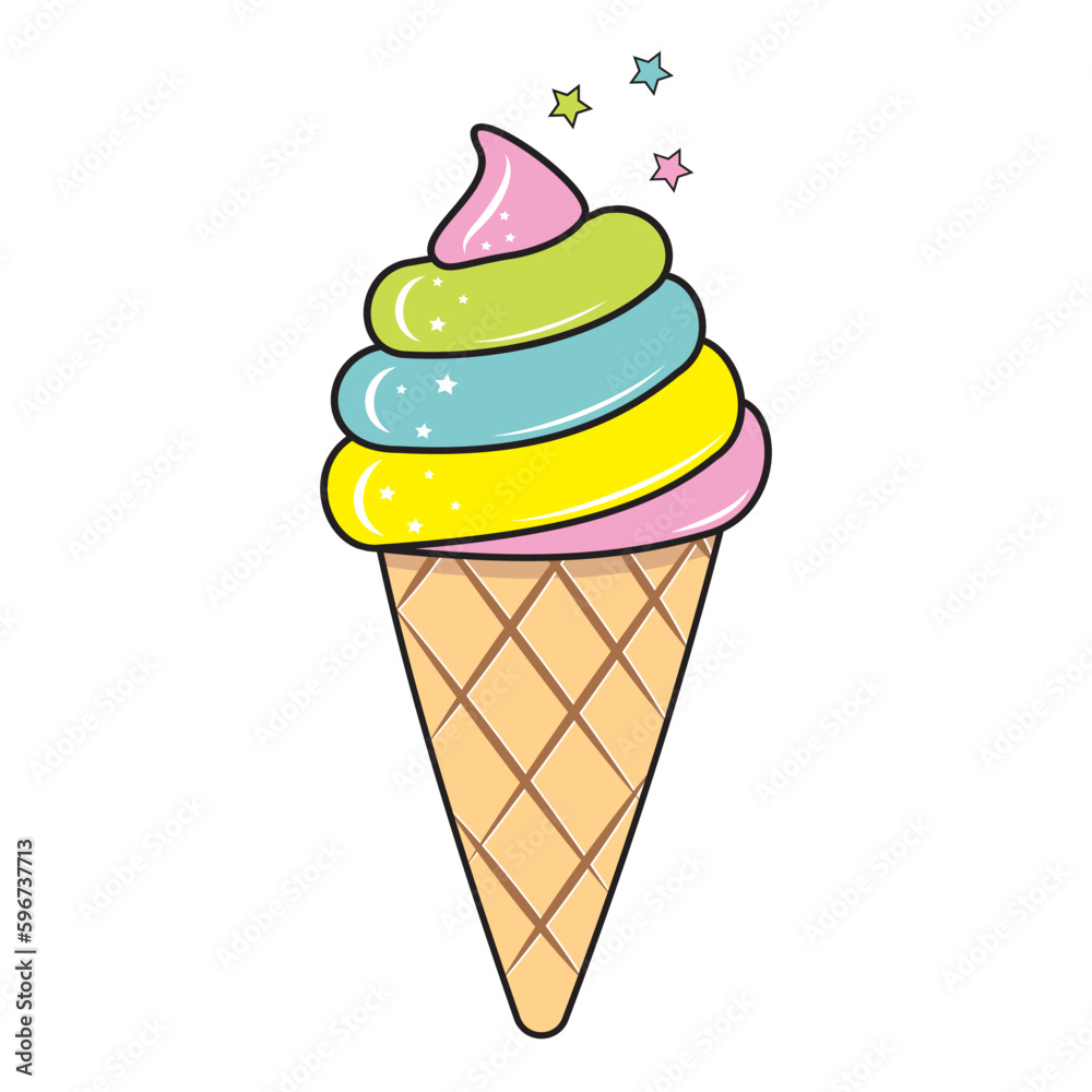Ice cream is a sweet dessert. Color isolated vector illustration in cartoon style.