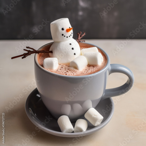 Christmas mug of hot chocolate with little marshmallows. Illustration AI Generative.