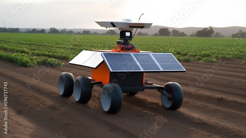 A solar-powered agriculture robot working in the field. Integration of renewable energy and advanced technology to improve efficiency and sustainability practices in modern farming. Generative AI