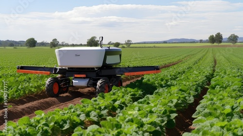 A solar-powered agriculture robot working in the field. Integration of renewable energy and advanced technology to improve efficiency and sustainability practices in modern farming. Generative AI photo