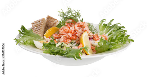 Fresh cooked prawns and salad served on a plate ready to eat photo