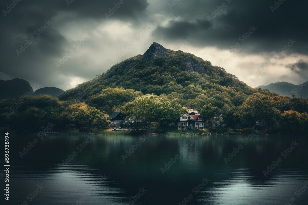 A scenic view of an island, trees, lake, mountain, and dark clouds. Generative AI