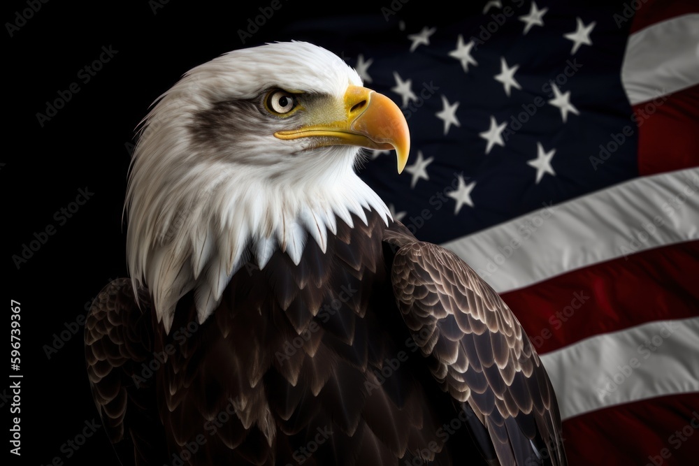 Obraz premium Illustration of an American bald eagle in front of USA's flag. The bald eagle is the emblem of the nation with its' fierce beauty and proud independence symbolizes the strength and freedom of America