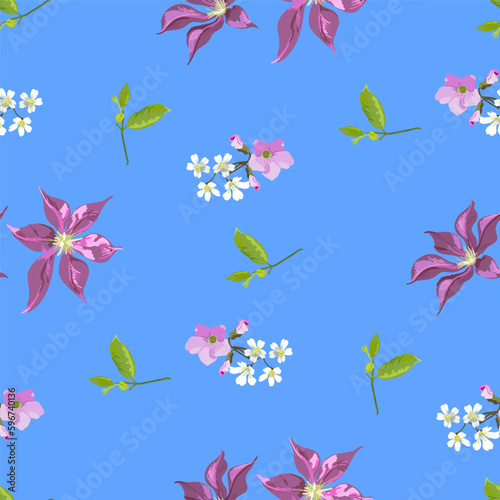 Bright floral pattern from different flowers in bouquets with small leaves on a cyan background - vector seamless pattern for the design of fabric  scarves  shawls.