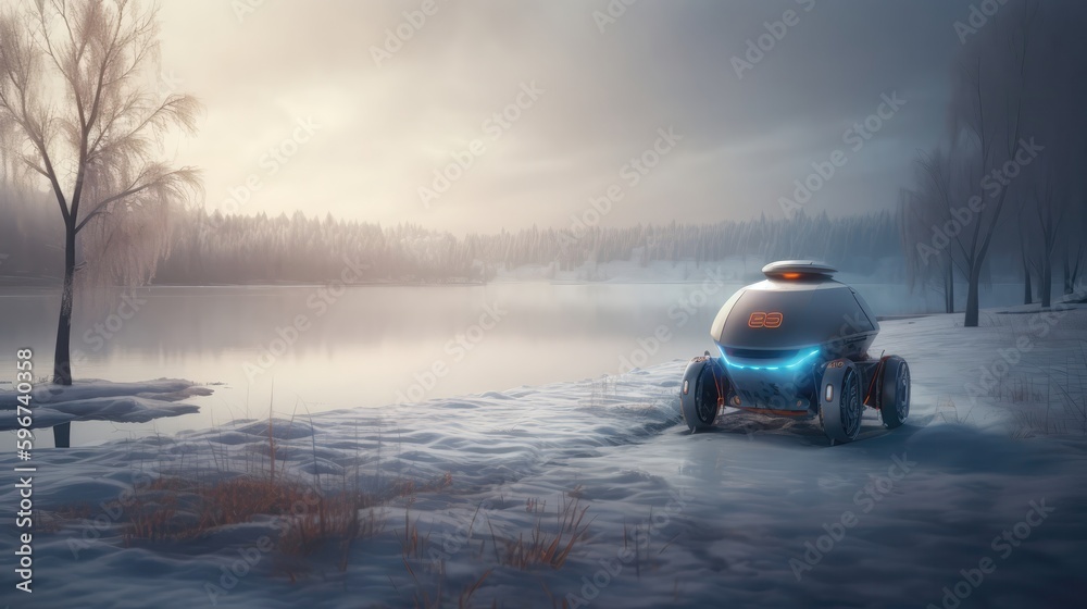 A Robot Courier Of The Future In A Frozen Lake With A Floating Island. Generative AI