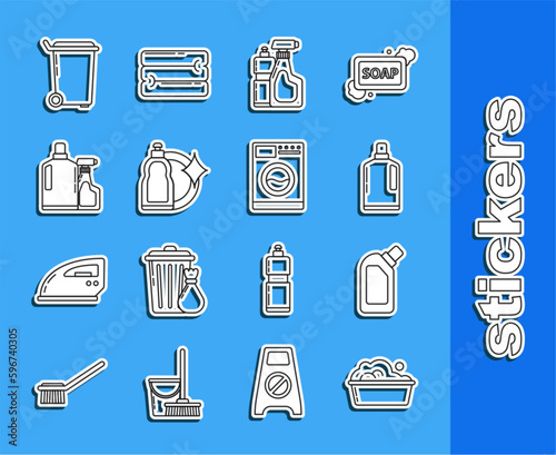 Set line Plastic basin with soap suds, bottles for liquid dishwashing liquid, Trash can and Washer icon. Vector
