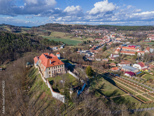 A spring day in Moravia with beautiful view of city Kunstat and old baroque chateau. Czech republic.