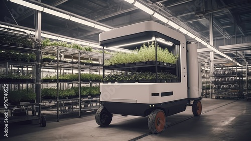 A Robot Courier Of The Future In Vertical Farming Facility. Generative AI photo
