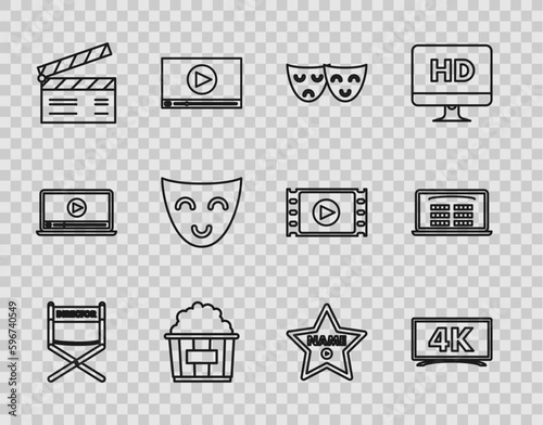 Set line Director movie chair, Popcorn in cardboard box, Movie clapper, Hollywood walk of fame star on celebrity boulevard and Buy cinema ticket online icon. Vector