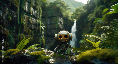 A Small Droid With A Head And Hands, Background Of A Green And Lush Valley With Waterfalls. Generative AI