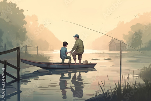 fishing in the morning vector Watercolor A father and son fishing together in a lake carton, Generative AI 