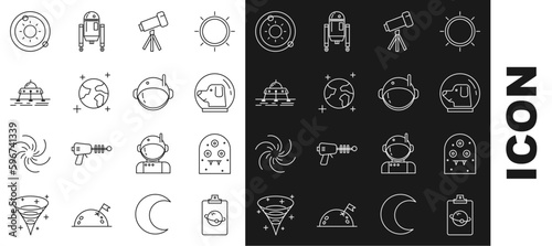 Set line Planet, Alien, Dog in astronaut helmet, Telescope, Earth globe, Mars rover, Solar system and Astronaut icon. Vector