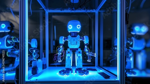AI-driven robotics lab displaying a variety of robot parts and advanced electronics, emphasizing the cutting-edge innovations and developments in artificial intelligence and engineering. Generative AI