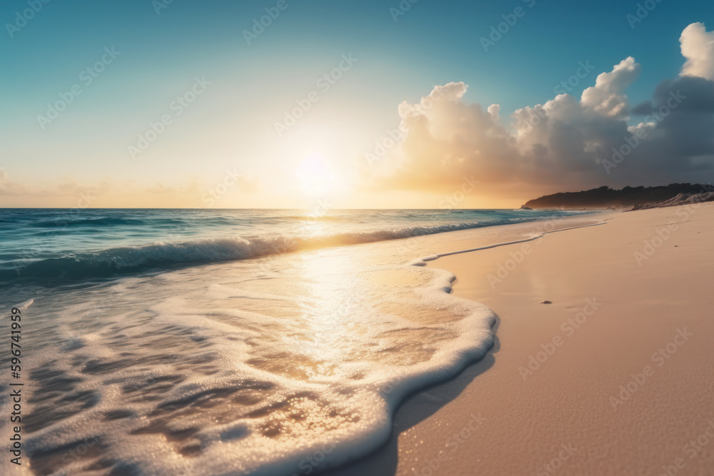 Tropical beach with sunset sky and clouds background. Summer vacation and travel concept. Generative ai.