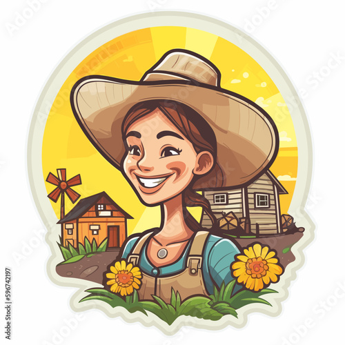 Happy farmer girl in the background of rural landscape and farm buildings. A healthy lifestyle, agriculture, farm concept. Cartoon vector illustration. label, sticker, t-shirt printing