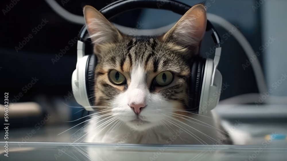 Cat In The Headphones In Aquarium Visits. Generative AI